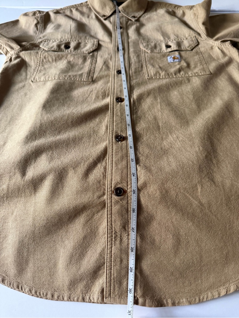 Sz S Carhartt Mens Button-Down Shirt in dark Tan chambray.. like new condition - Picture 12 of 13